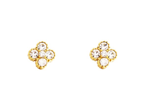 BOTRFL8CR-GOLD.jpg Boucles d'oreilles trèfle 4 feuilles cristaux fantaisie en acier inoxydable doré