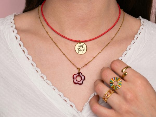 Collier chaîne maille boule alternée fleur colorée en acier inoxydable doré