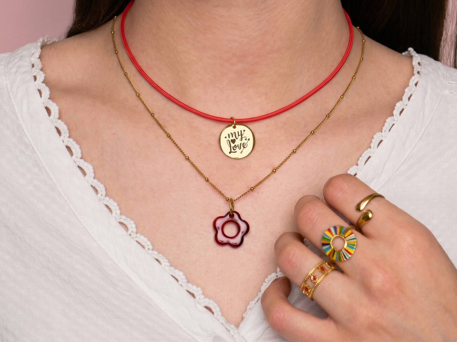 Collier chaîne maille boule alternée fleur colorée en acier inoxydable doré