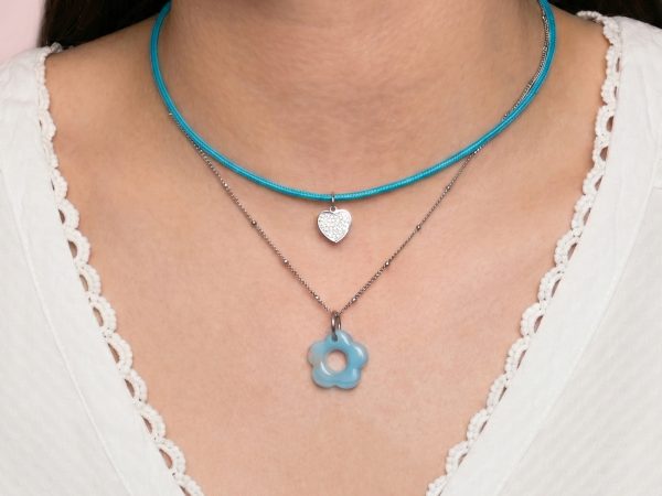 Collier chaîne maille boule alternée fleur colorée en acier inoxydable argenté