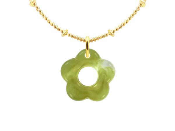 Collier chaîne maille boule alternée fleur colorée en acier inoxydable doré