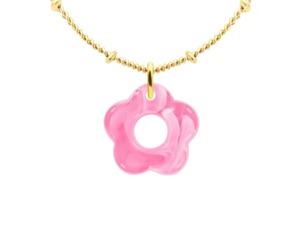 Collier chaîne maille boule alternée fleur colorée en acier inoxydable doré