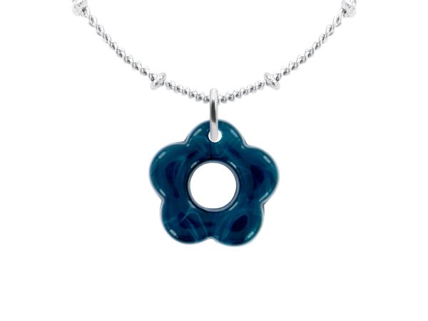 Collier chaîne maille boule alternée fleur colorée en acier inoxydable argenté