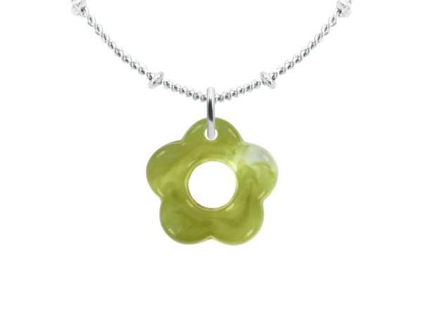 Collier chaîne maille boule alternée fleur colorée en acier inoxydable argenté