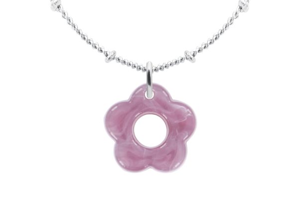 Collier chaîne maille boule alternée fleur colorée en acier inoxydable argenté