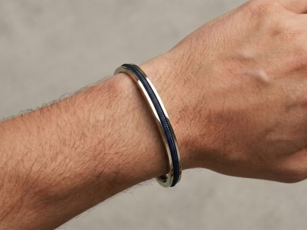 Jonc ajustable homme insert corde coloré en acier inoxydable argenté