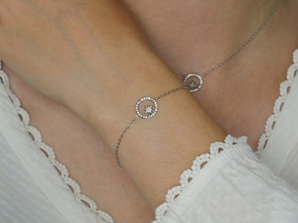 Bracelet étoile nacre et cercle oxydes de zirconium en acier inoxydable argenté