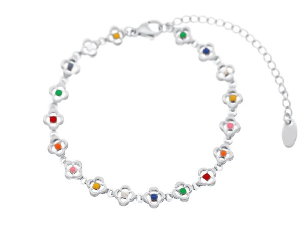 Bracelet fleurs colorées en acier inoxydable argenté