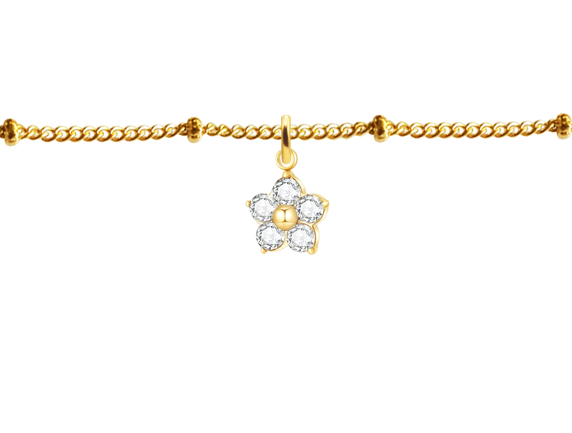 Chaîne de cheville maille boule alternée fleur oxydes de zirconium blancs en acier inoxydable doré