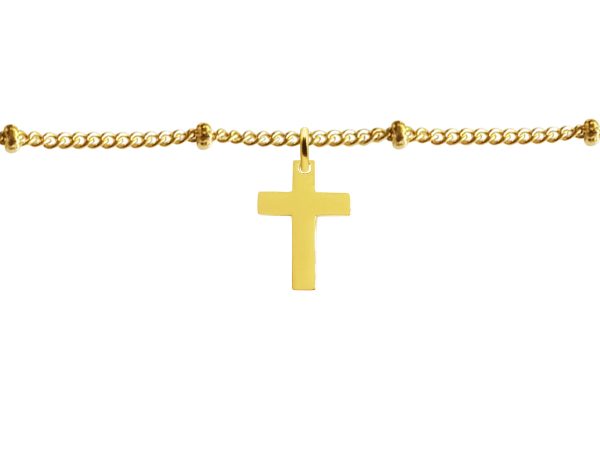 BRAICROSS14-GOLD.jpg Bracelet maille boule alternée agrémenté d'une pampille croix en acier inoxydable doré