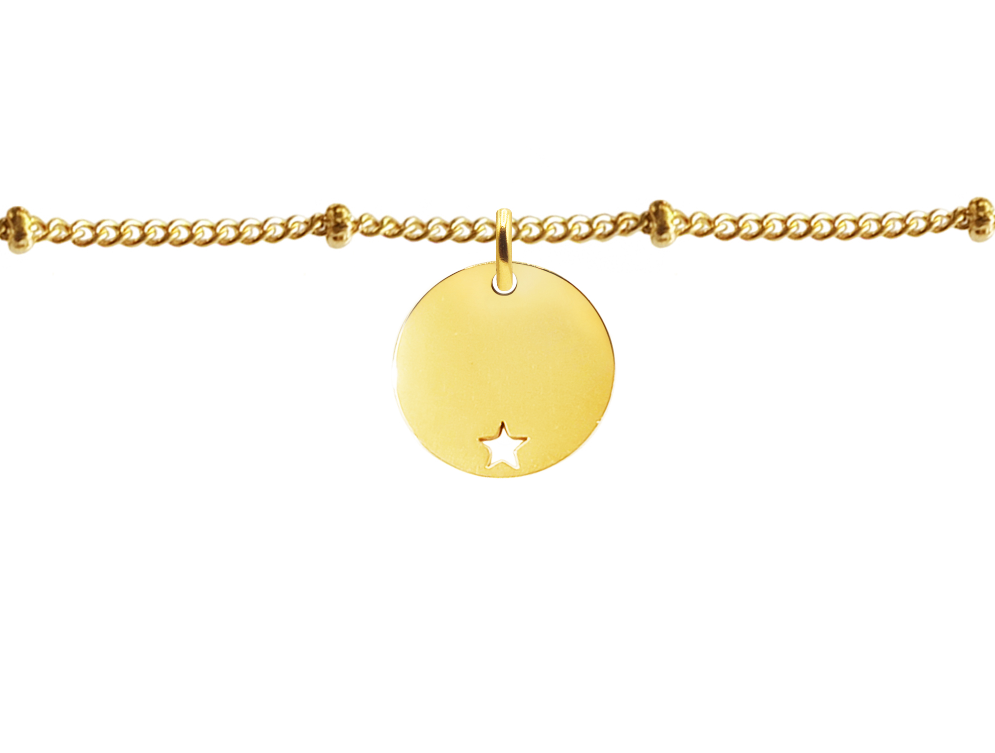 Bracelet maille boule alternée agrémenté d'une médaille ronde avec étoile ajourée en acier inoxydable doré