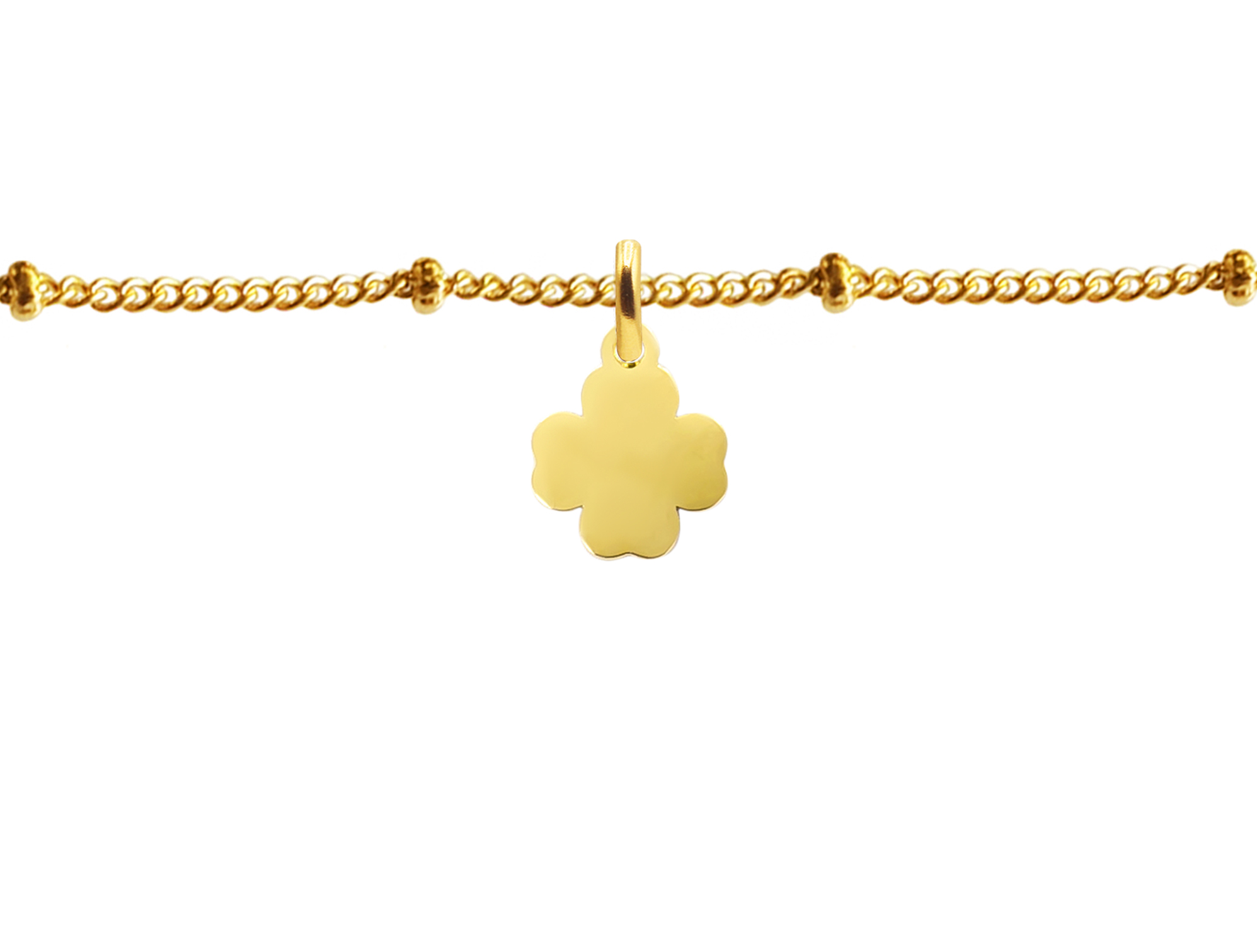 Bracelet maille boule alternée petit trèfle acier doré à personnaliser