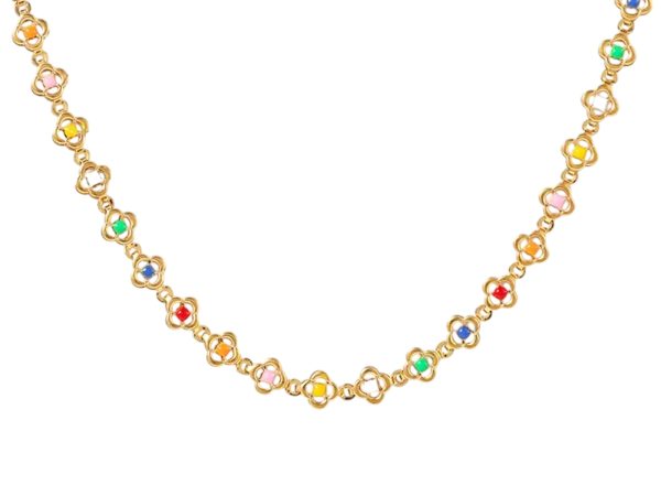 Collier fleurs colorées en acier inoxydable doré