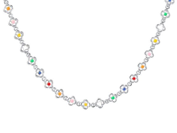 Collier fleurs colorées en acier inoxydable argenté