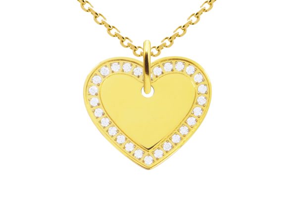Collier chaîne maille forçat pendentif cœur (20mm) oxydes de zirconium à personnaliser en acier inoxydable doré