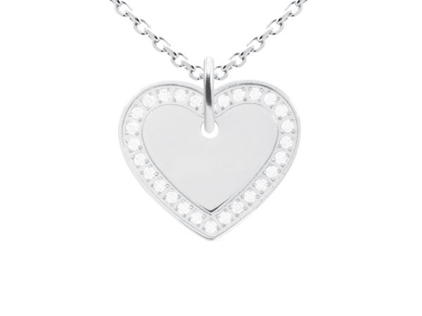 Collier chaîne maille forçat pendentif cœur (20mm) oxydes de zirconium à personnaliser en acier inoxydable argenté