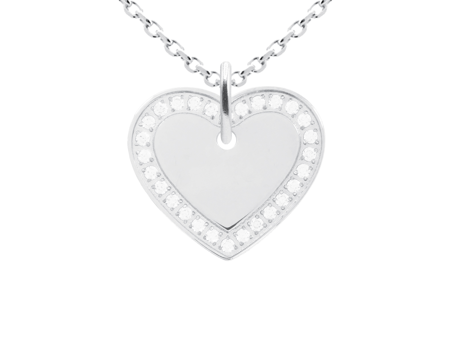 Collier chaîne maille forçat pendentif cœur (20mm) oxydes de zirconium à personnaliser en acier inoxydable argenté