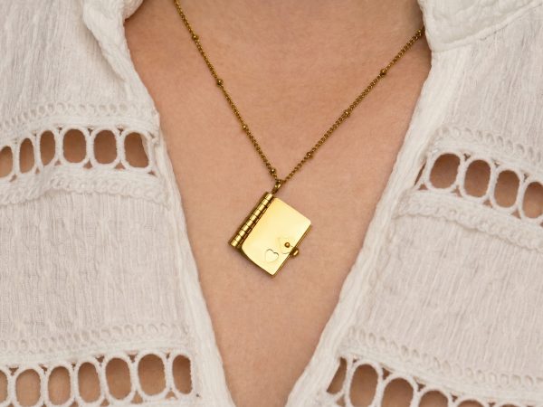 Collier chaîne maille boule alternée livre "Ecris ton histoire" à personnaliser en acier inoxydable doré