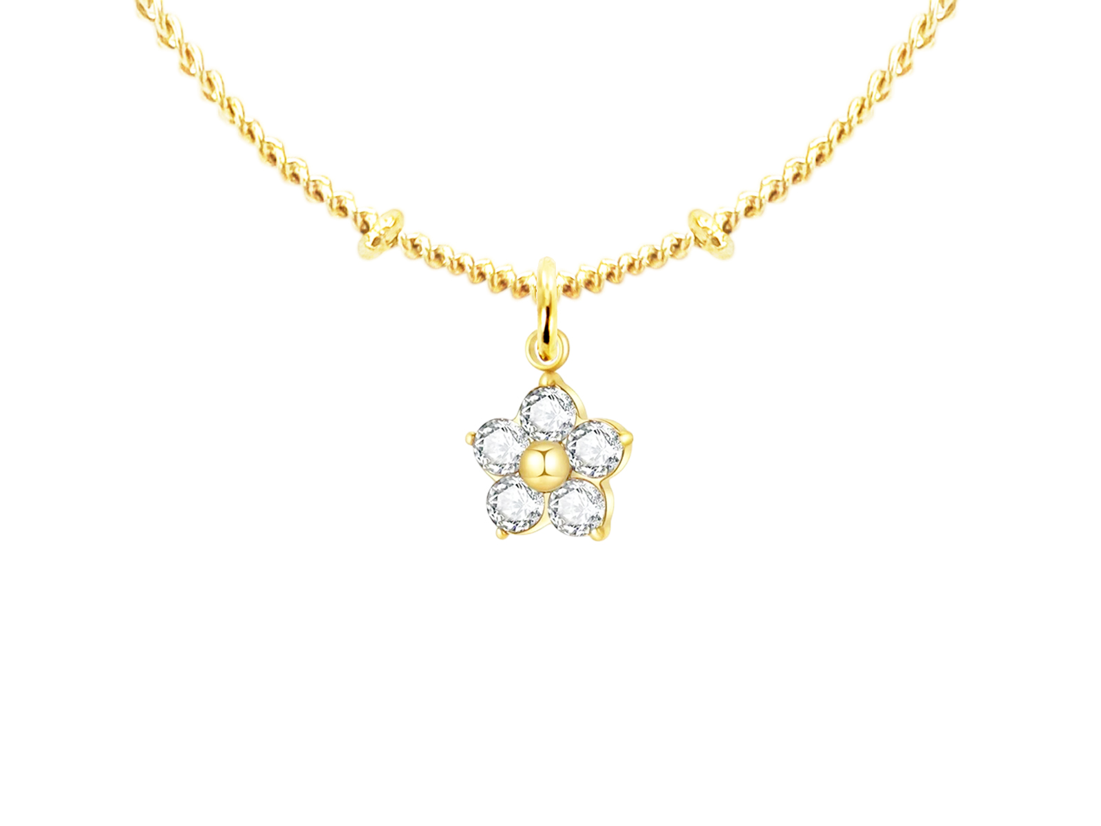 Collier chaîne maille boule alternée fleur oxydes de zirconium en acier inoxydable doré