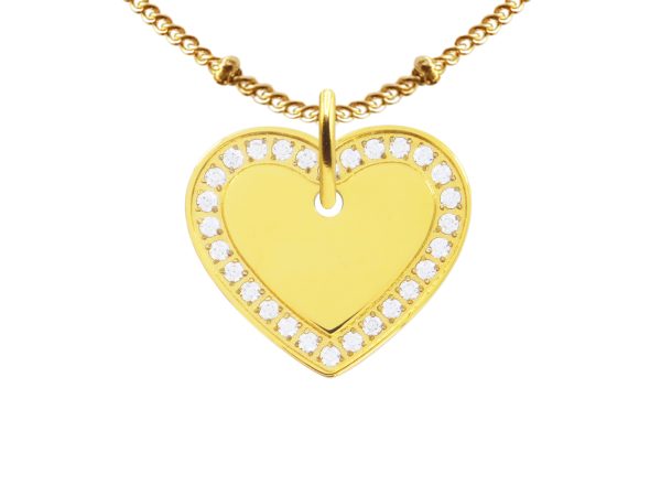 Collier chaîne maille boule alternée pendentif cœur (20mm) oxydes de zirconium à personnaliser en acier inoxydable doré