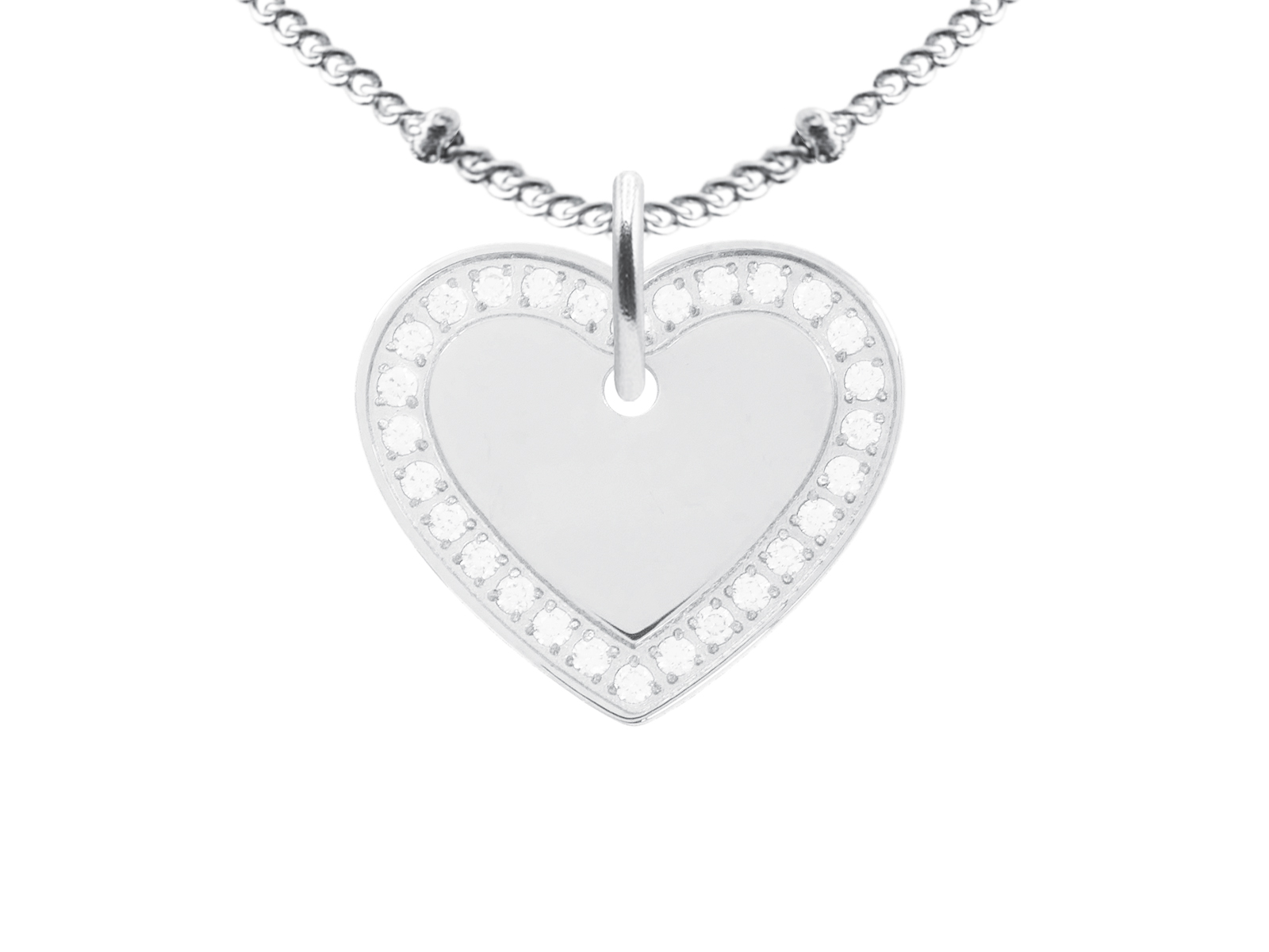 Collier chaîne maille boule alternée pendentif cœur (20mm) oxydes de zirconium à personnaliser en acier inoxydable argenté
