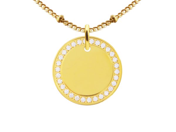 Collier chaîne maille boule alternée médaille ronde (20mm) oxydes de zirconium à personnaliser en acier inoxydable doré