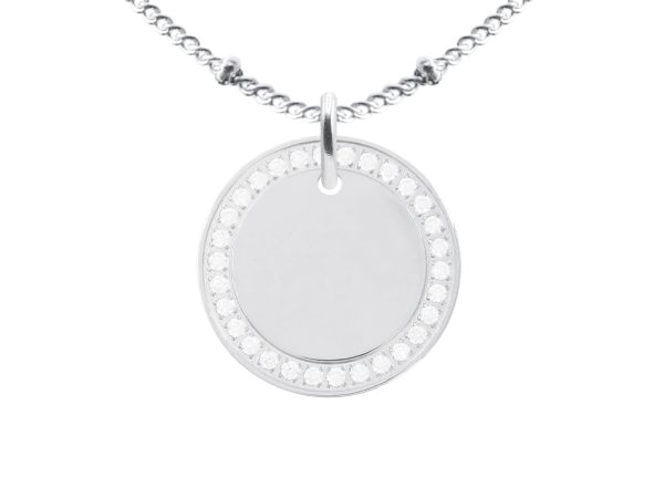 Collier chaîne maille boule alternée médaille ronde (20mm) oxydes de zirconium à personnaliser en acier inoxydable argenté