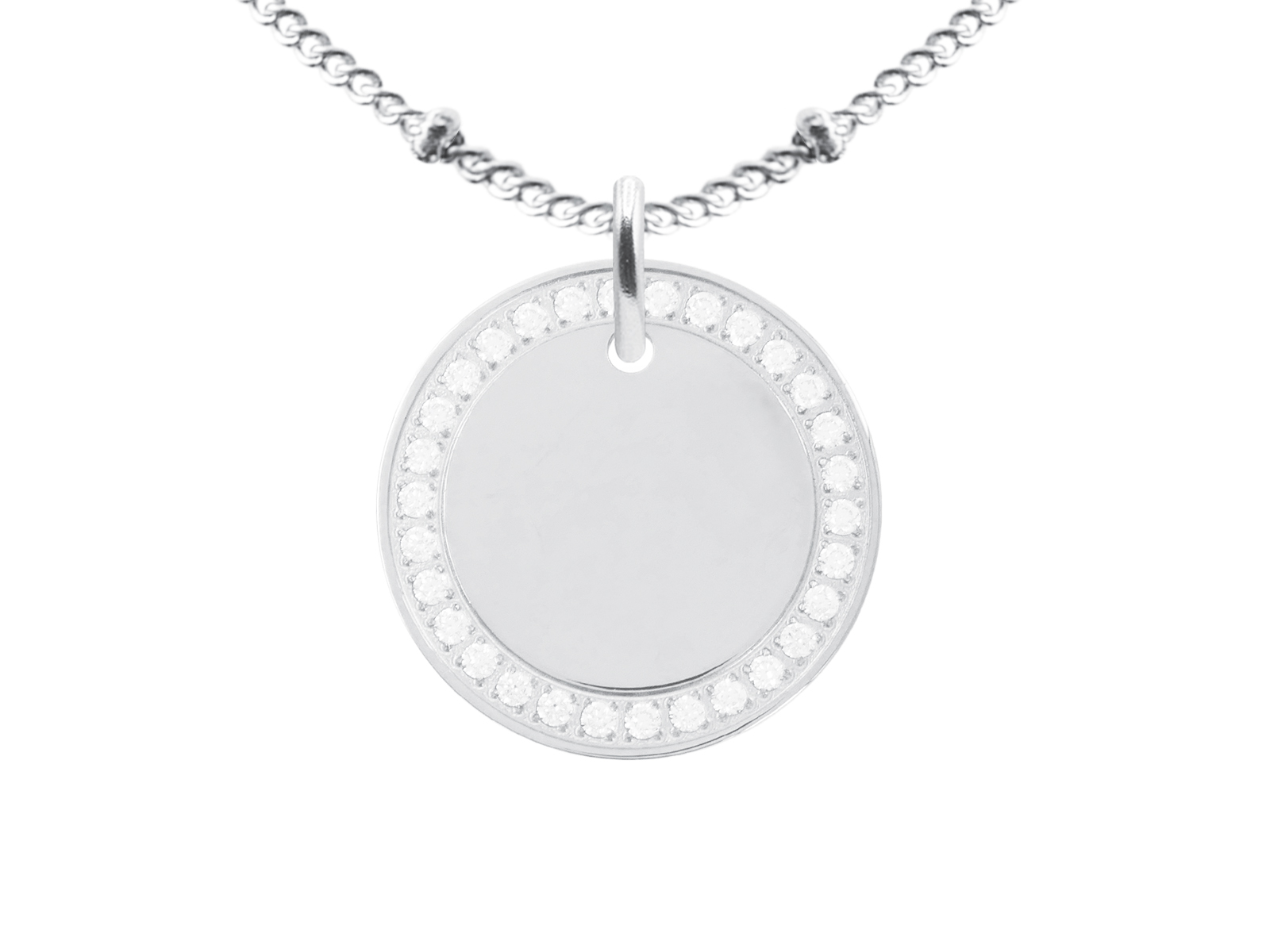 Collier chaîne maille boule alternée médaille ronde (20mm) oxydes de zirconium à personnaliser en acier inoxydable argenté