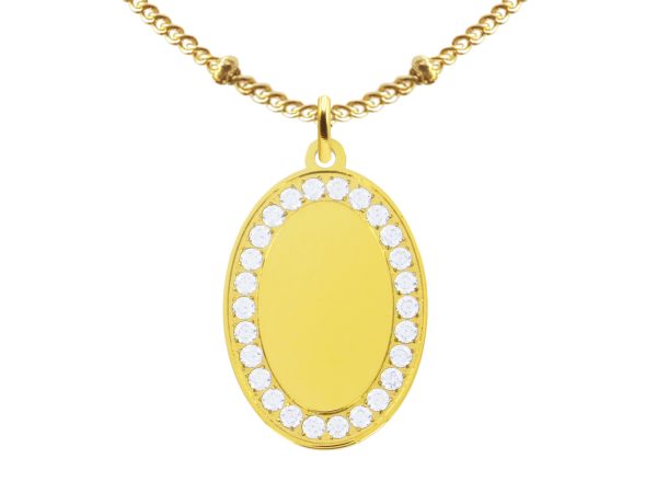 Collier chaîne maille boule alternée pendentif ovale (23mm) oxydes de zirconium à personnaliser en acier inoxydable doré