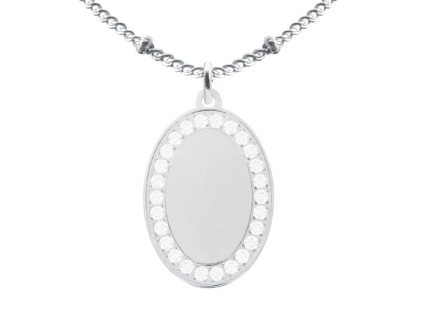 Collier chaîne maille boule alternée pendentif ovale (23mm) oxydes de zirconium à personnaliser en acier inoxydable argenté