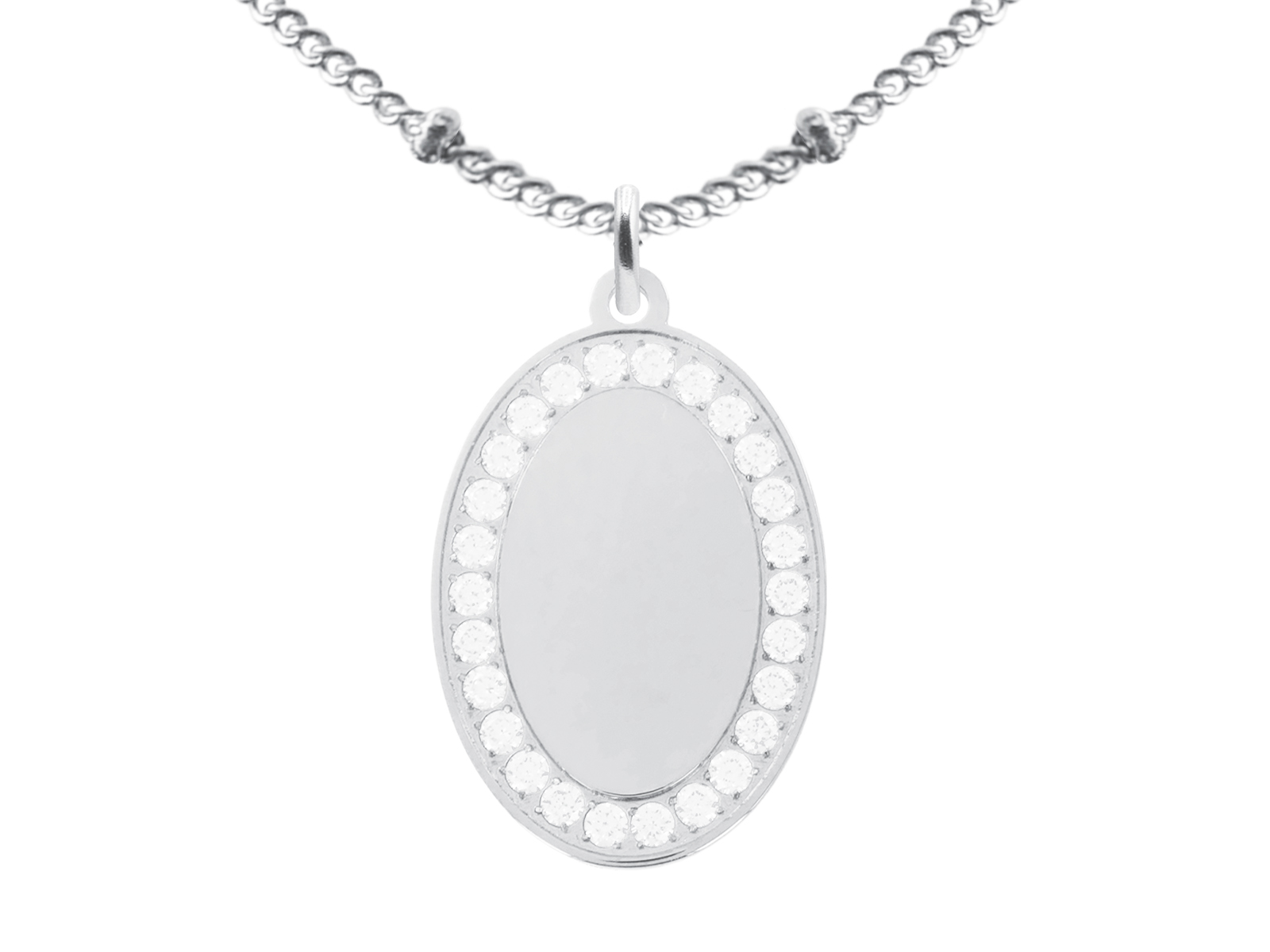 Collier chaîne maille boule alternée pendentif ovale (23mm) oxydes de zirconium à personnaliser en acier inoxydable argenté