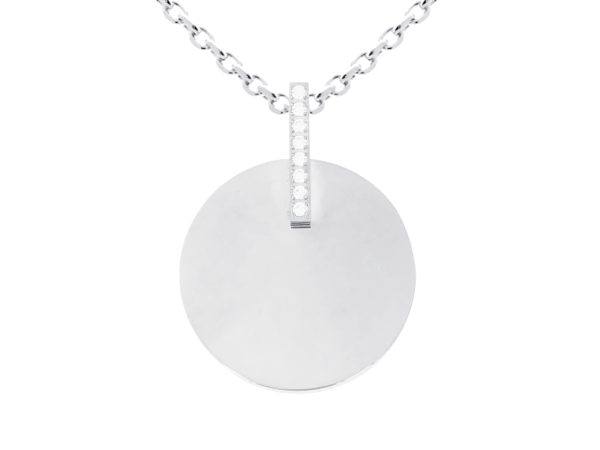 Collier chaîne maille forçat médaille ronde (20mm) baguette oxydes de zirconium à personnaliser en acier inoxydable argenté