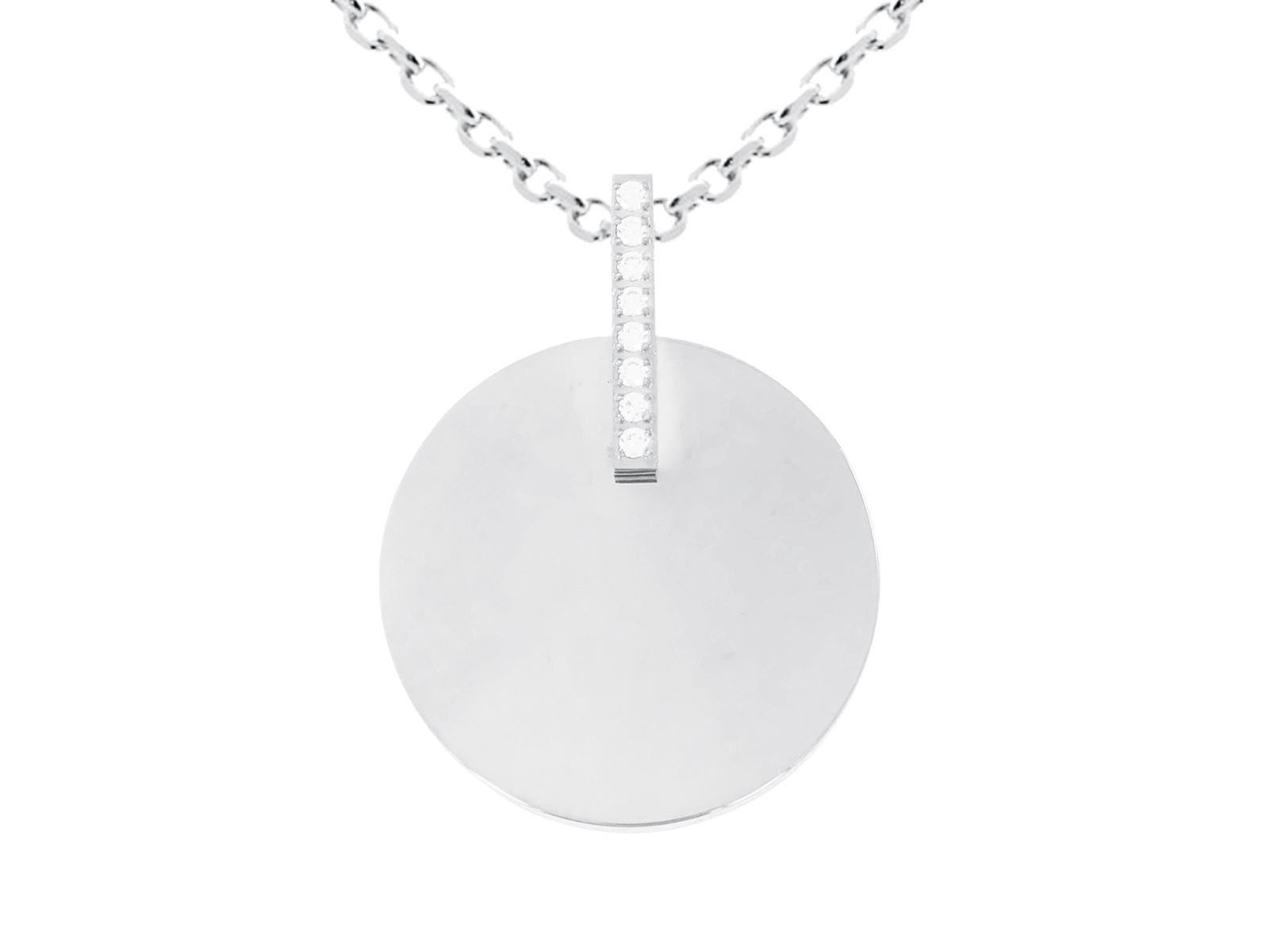 Collier chaîne maille forçat médaille ronde (20mm) baguette oxydes de zirconium à personnaliser en acier inoxydable argenté