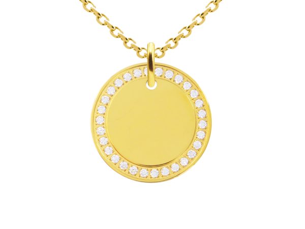 Collier chaîne maille forçat médaille ronde (20mm) oxydes de zirconium à personnaliser en acier inoxydable doré