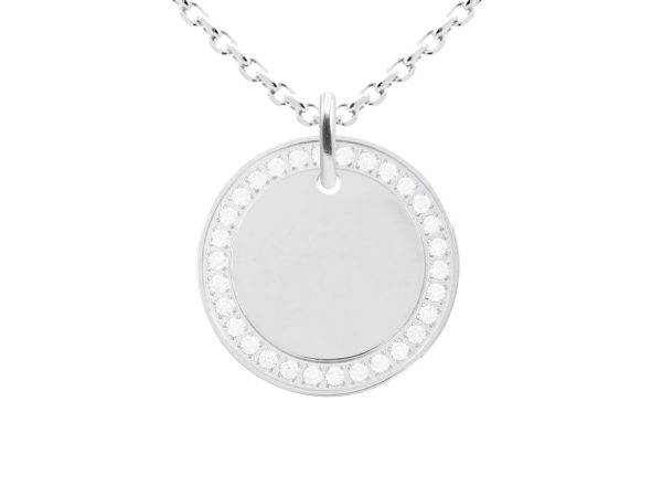 Collier chaîne maille forçat médaille ronde (20mm) oxydes de zirconium à personnaliser en acier inoxydable argenté