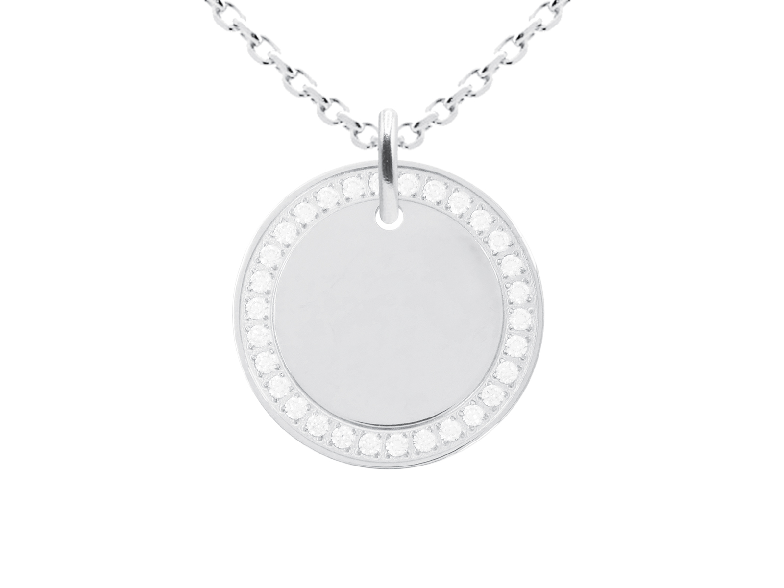 Collier chaîne maille forçat médaille ronde (20mm) oxydes de zirconium à personnaliser en acier inoxydable argenté