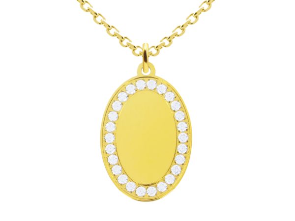 Collier chaîne maille forçat pendentif ovale (23mm) oxydes de zirconium à personnaliser en acier inoxydable doré