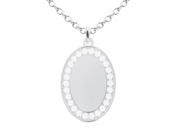 Collier chaîne maille forçat pendentif ovale (23mm) oxydes de zirconium à personnaliser en acier inoxydable argenté