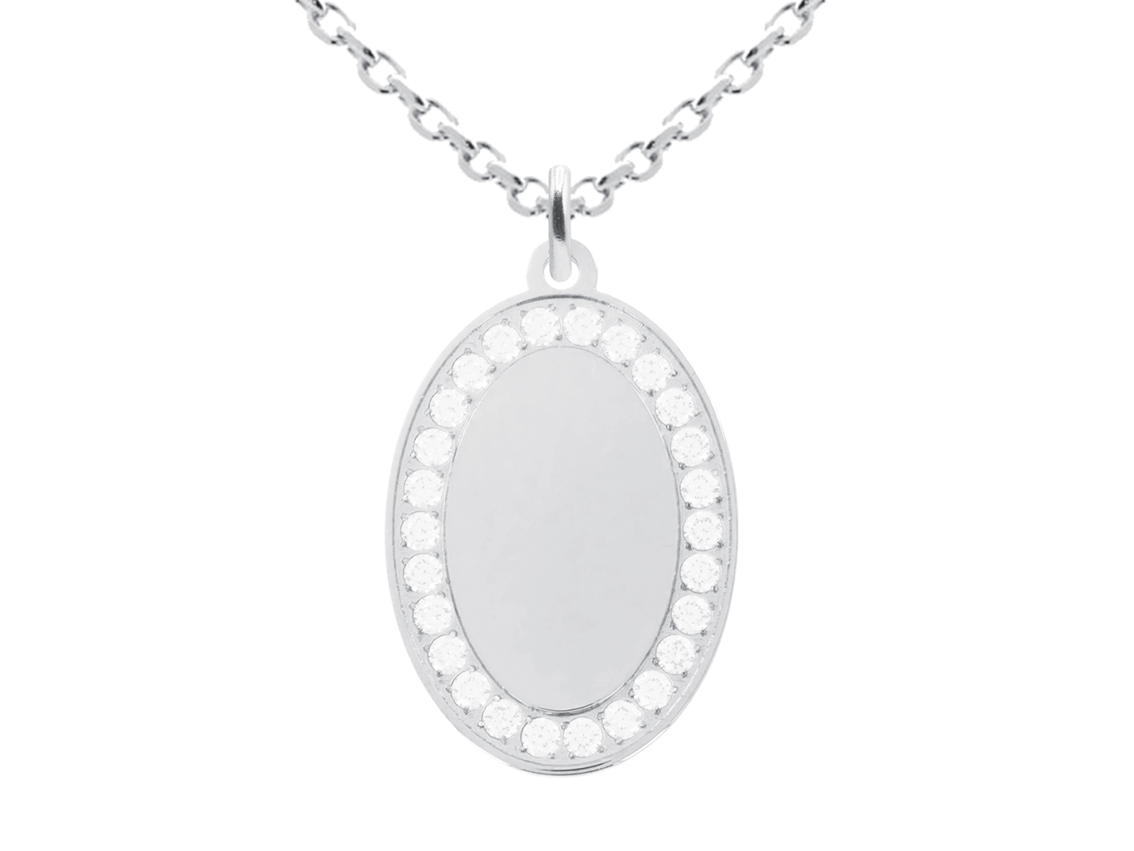 Collier chaîne maille forçat pendentif ovale (23mm) oxydes de zirconium à personnaliser en acier inoxydable argenté