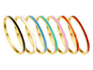 Jonc rigide articulé avec bande en émail coloré en acier inoxydable doré