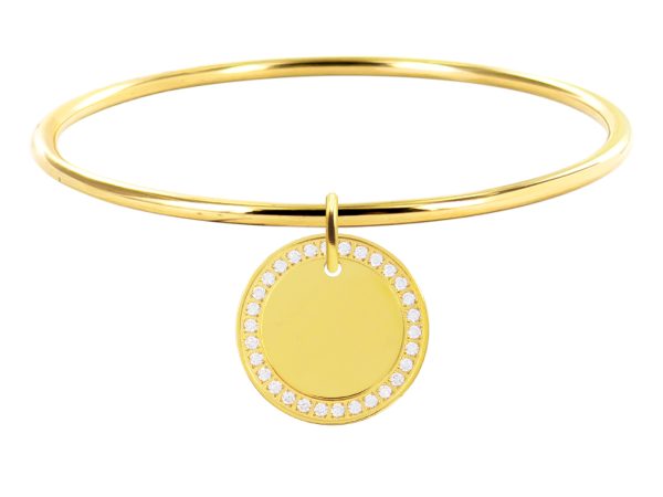 Jonc rigide médaille ronde (20mm) oxydes de zirconium à personnaliser en acier inoxydable doré