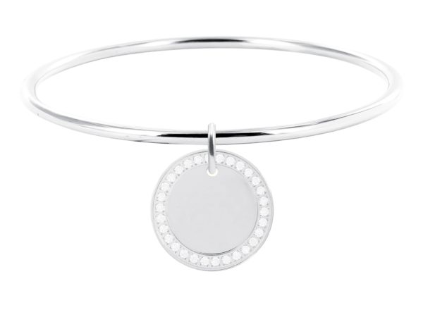 Jonc rigide médaille ronde (20mm) oxydes de zirconium à personnaliser en acier inoxydable argenté