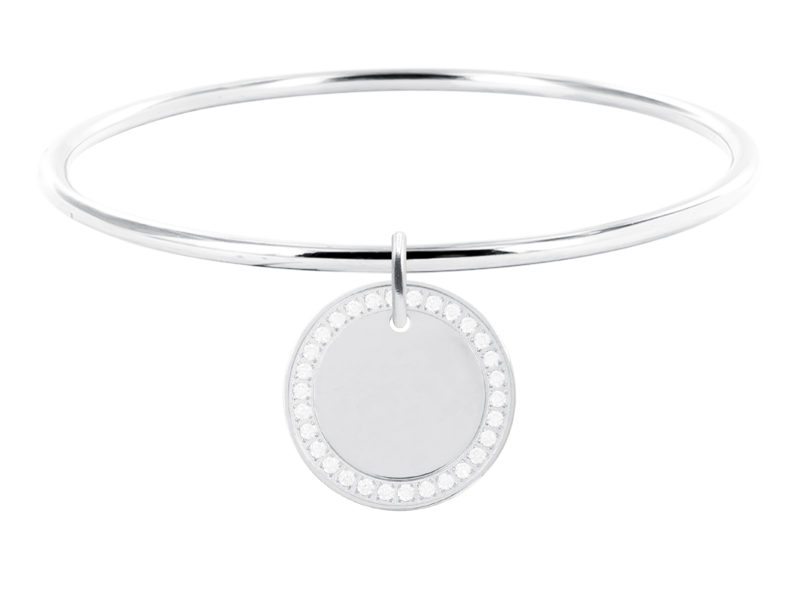 Jonc rigide médaille ronde (20mm) oxydes de zirconium à personnaliser en acier inoxydable argenté