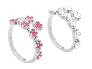 Bague ajustable fleurs de sakura colorées en acier inoxydable argenté