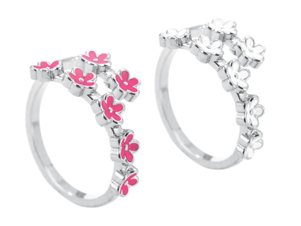 Bague ajustable fleurs de sakura colorées en acier inoxydable argenté