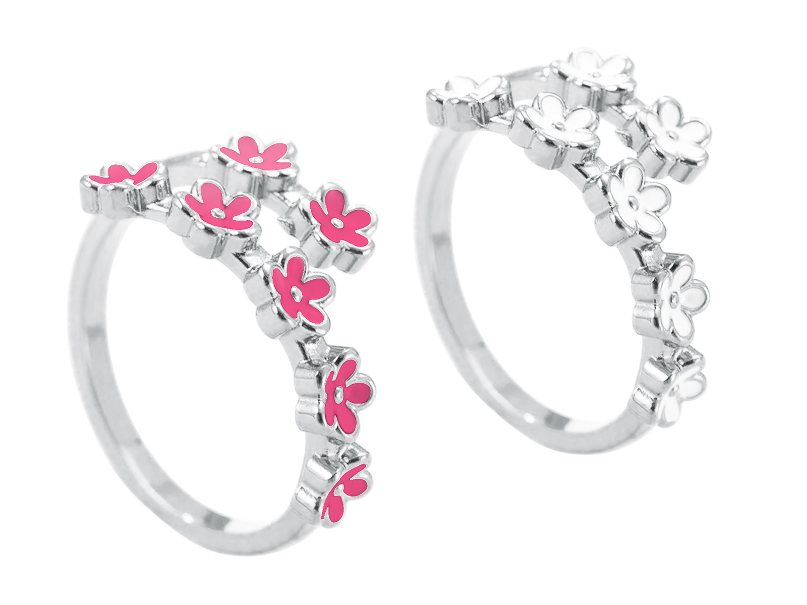 Bague ajustable fleurs de sakura colorées en acier inoxydable argenté