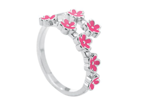 Bague ajustable fleurs de sakura colorées en acier inoxydable argenté
