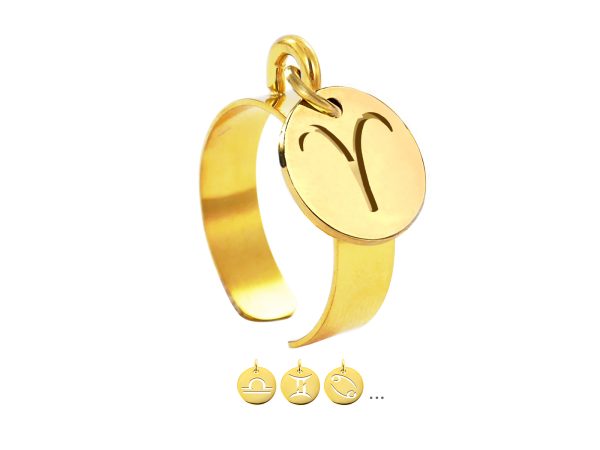 Bague ajustable signe astrologique en acier inoxydable doré | Taille ajustable : Du 52 au 56