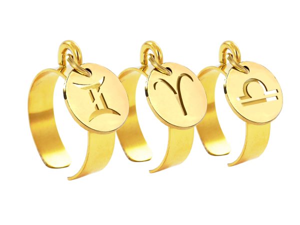 Bague ajustable signe astrologique en acier inoxydable doré | Taille ajustable : Du 52 au 56