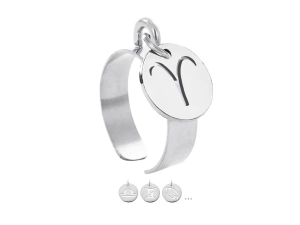 Bague ajustable signe astrologique en acier inoxydable argenté | Taille ajustable : Du 52 au 56
